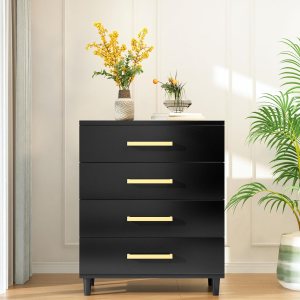 Lamerge Cómoda de 4 cajones, cómoda con asas doradas, mesita de noche negra con cajones para dormitorio, sala de estar Lamerge Cómoda de 4 cajones, cómoda con asas doradas, mesita de noche negra con cajones para dormitorio, sala de estar