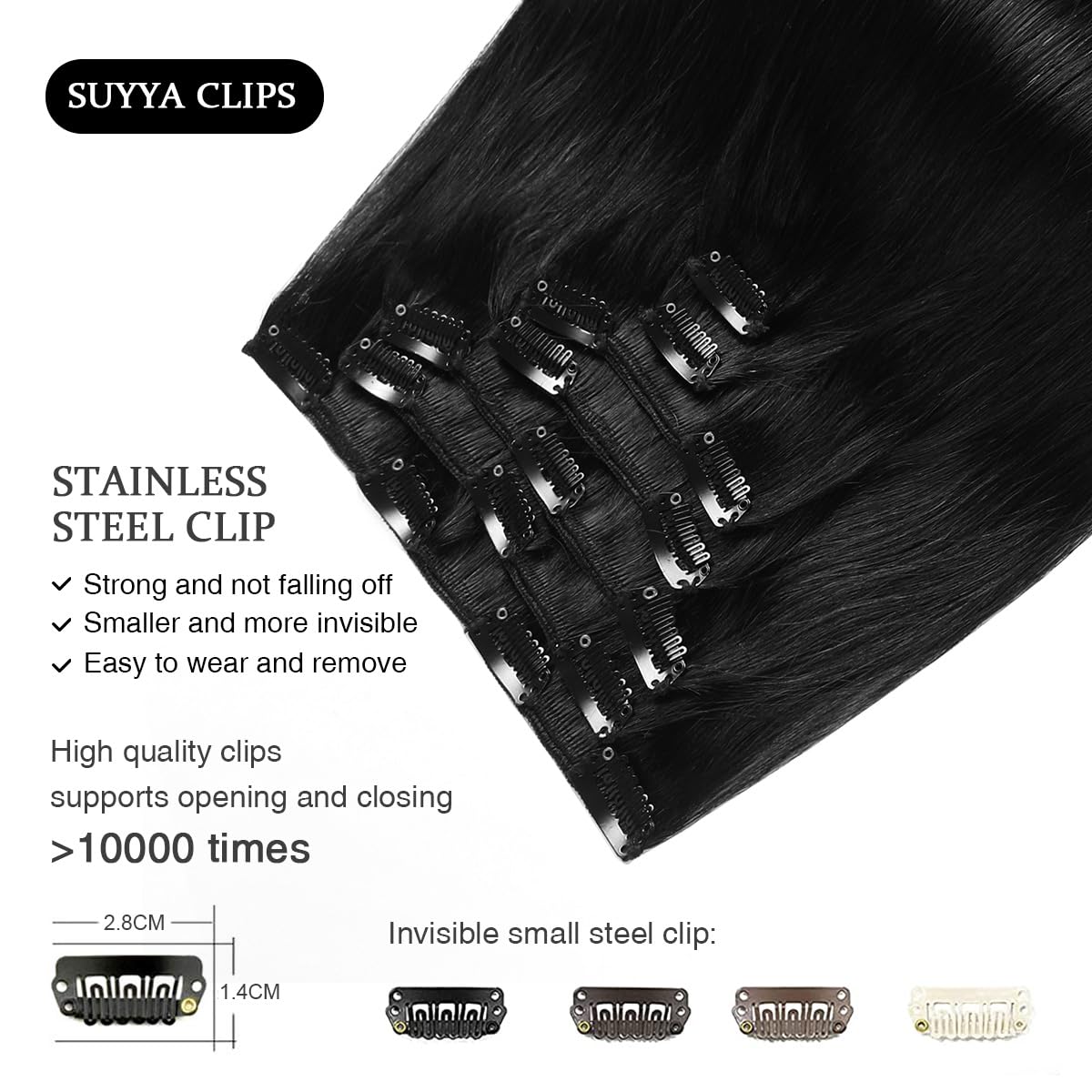 SUYYA Extensiones de cabello humano real con pinzas, 12 pulgadas, 3.53 onzas, 7 piezas de extensiones de cabello humano con clip, color negro