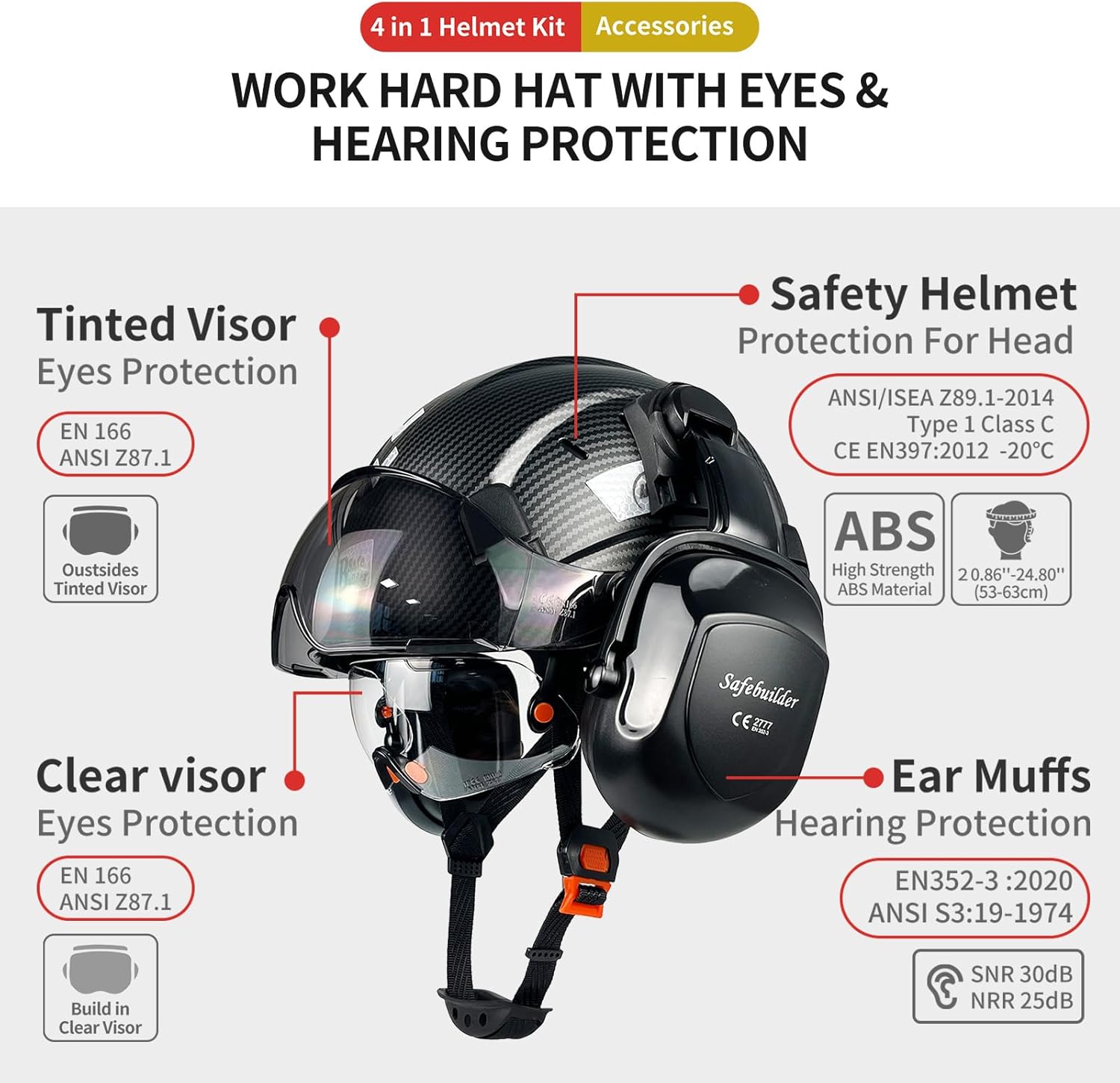 SAFEBUILDER Casco de seguridad con gafas, orejeras de fibra de carbono, para construcción industrial, protección para la cabeza, aprobación ANSI
