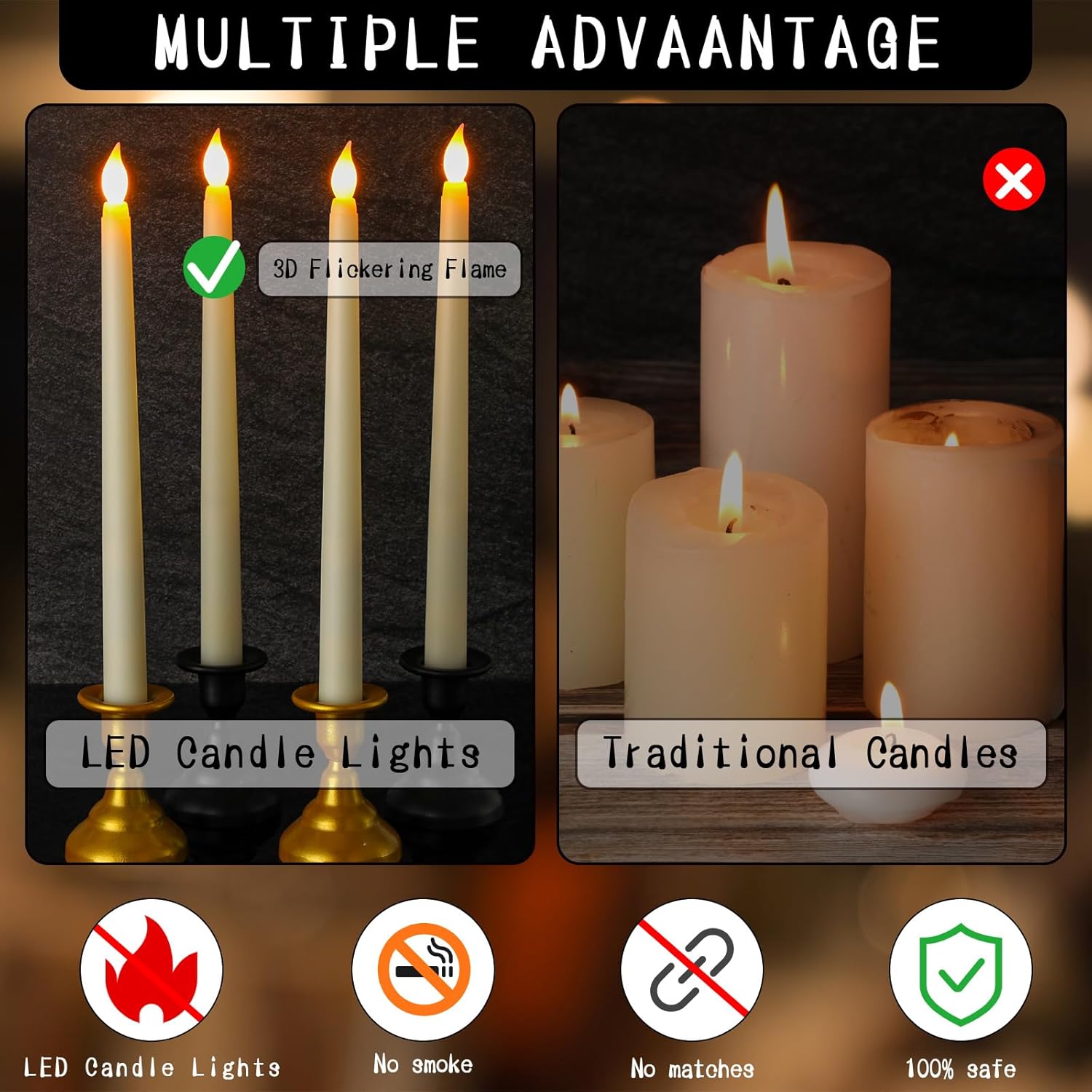 150 velas cónicas sin llama a granel de 11 pulgadas, velas LED cónicas LED que funcionan con pilas, velas LED parpadeantes de cera sintética para