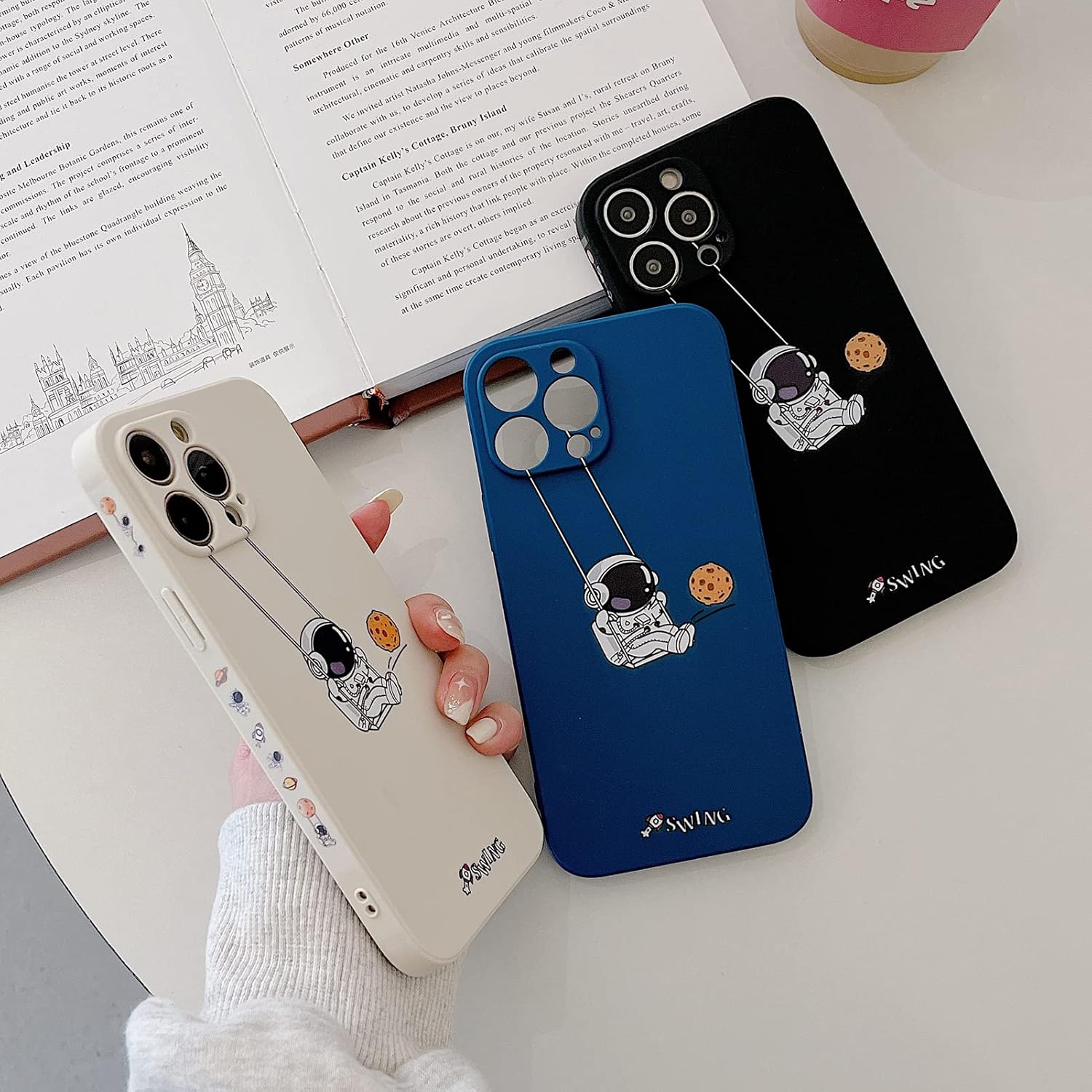 Linda funda para iPhone 11 Pro Max, diseño de astronauta, planeta y luna, diseño elegante de TPU suave, a prueba de golpes, antideslizante, funda