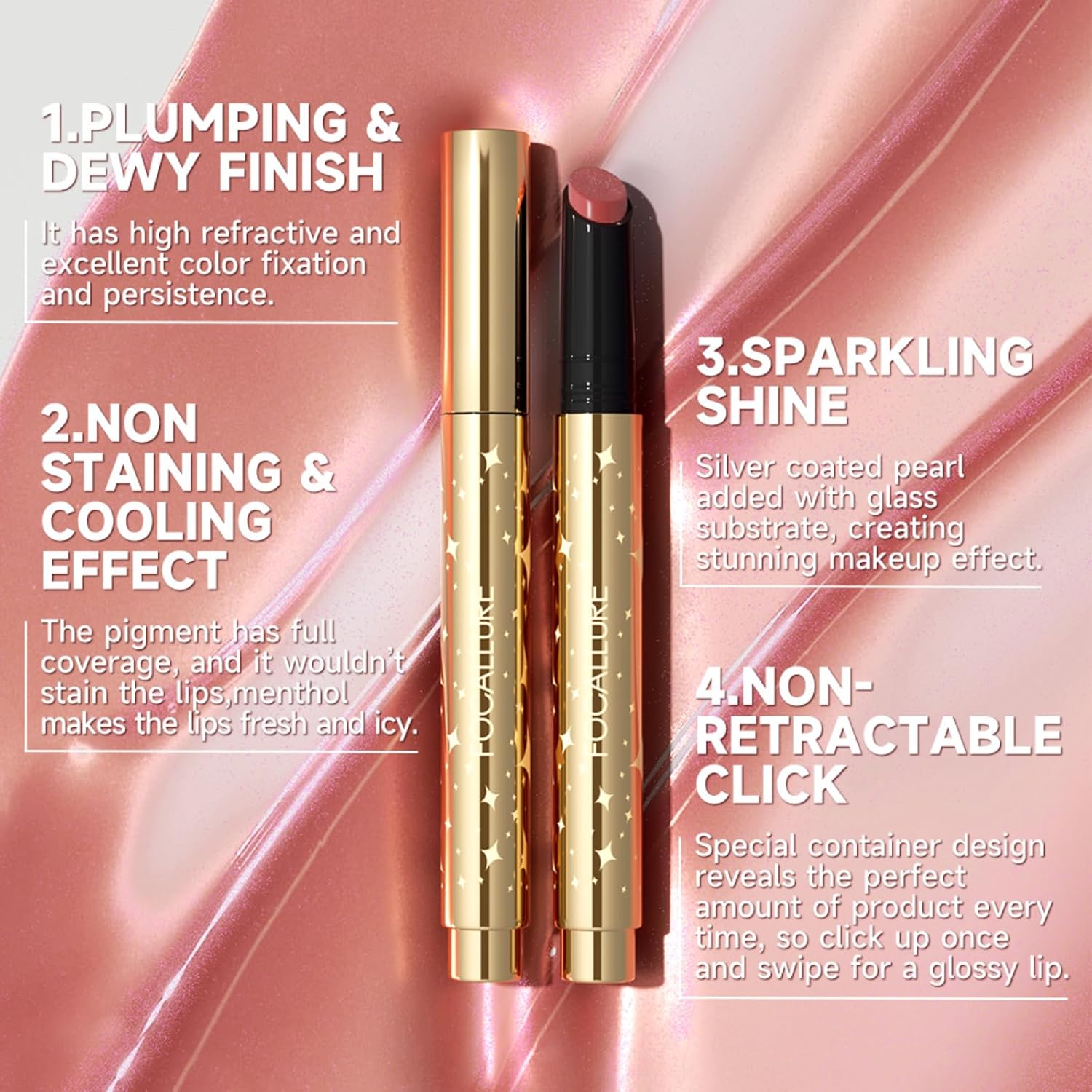 FOCALLURE Lápiz labial brillante, brillo labial impermeable y voluminoso, acabado brillante, hidratante, de larga duración, maquillaje de labios de