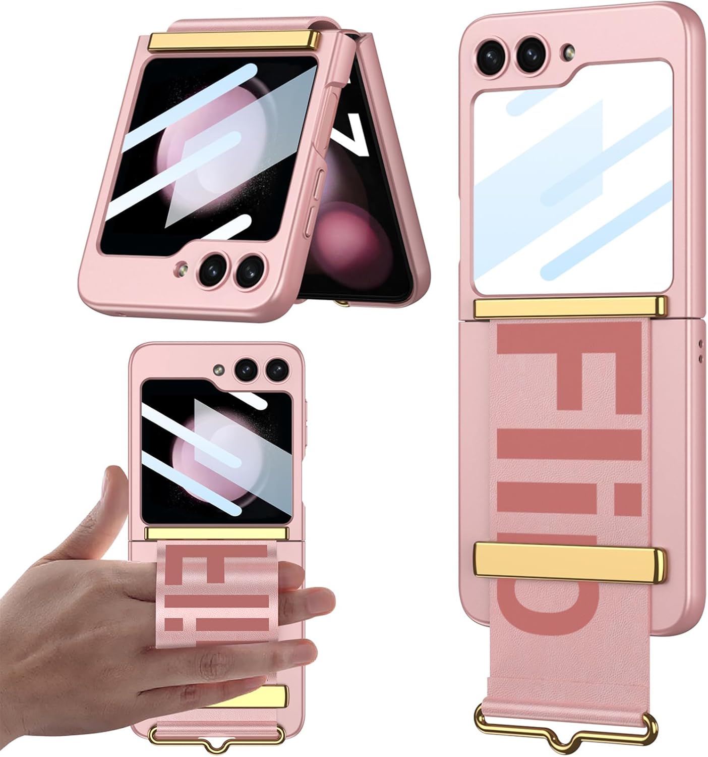 NINKI Funda con correa compatible con Samsung Galaxy Z Flip 5 0.18 oz con protector de pantalla de cámara, funda de piel sintética a prueba de