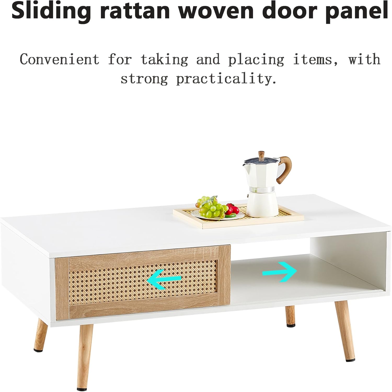 Mesa de centro de ratán para sala de estar, mesas centrales de sofá Mordern blanco, patas de madera maciza, mesa central rectangular para