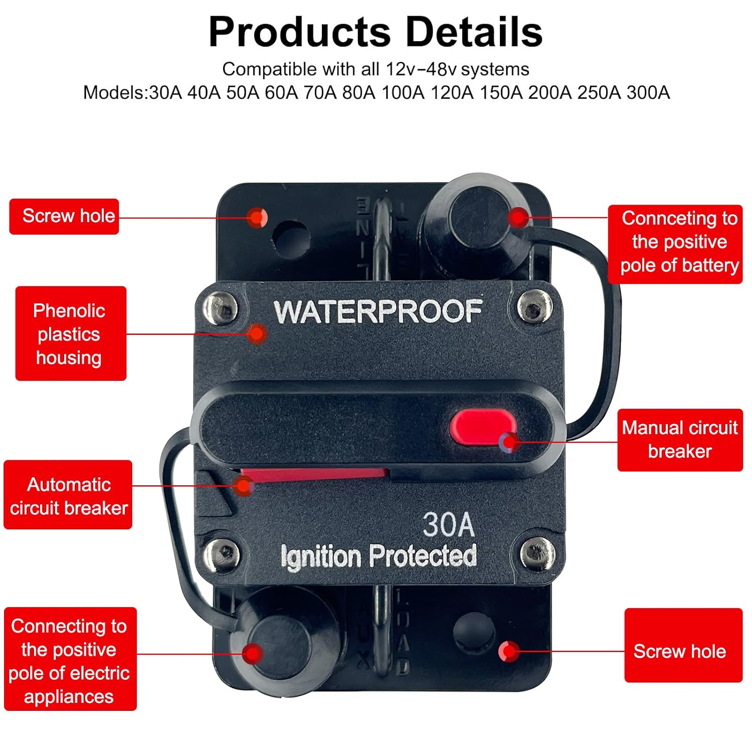 Disyuntor de 30 amperios de 12 V a 48 V CC con botón de interruptor de reinicio manual para motor de arrastre de barcos, vehículos de remolque ATV