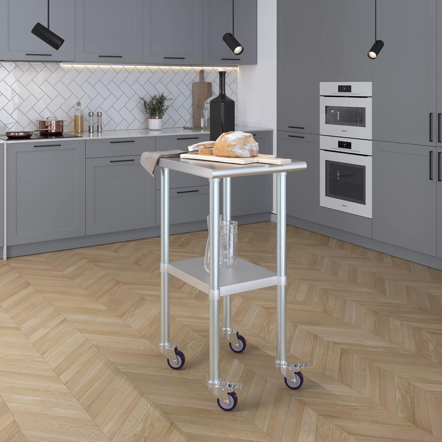 Mesa de trabajo AmGood de acero inoxidable con ruedas de 24 x 18 pulgadas  Mesa móvil de metal  Preparación de alimentos