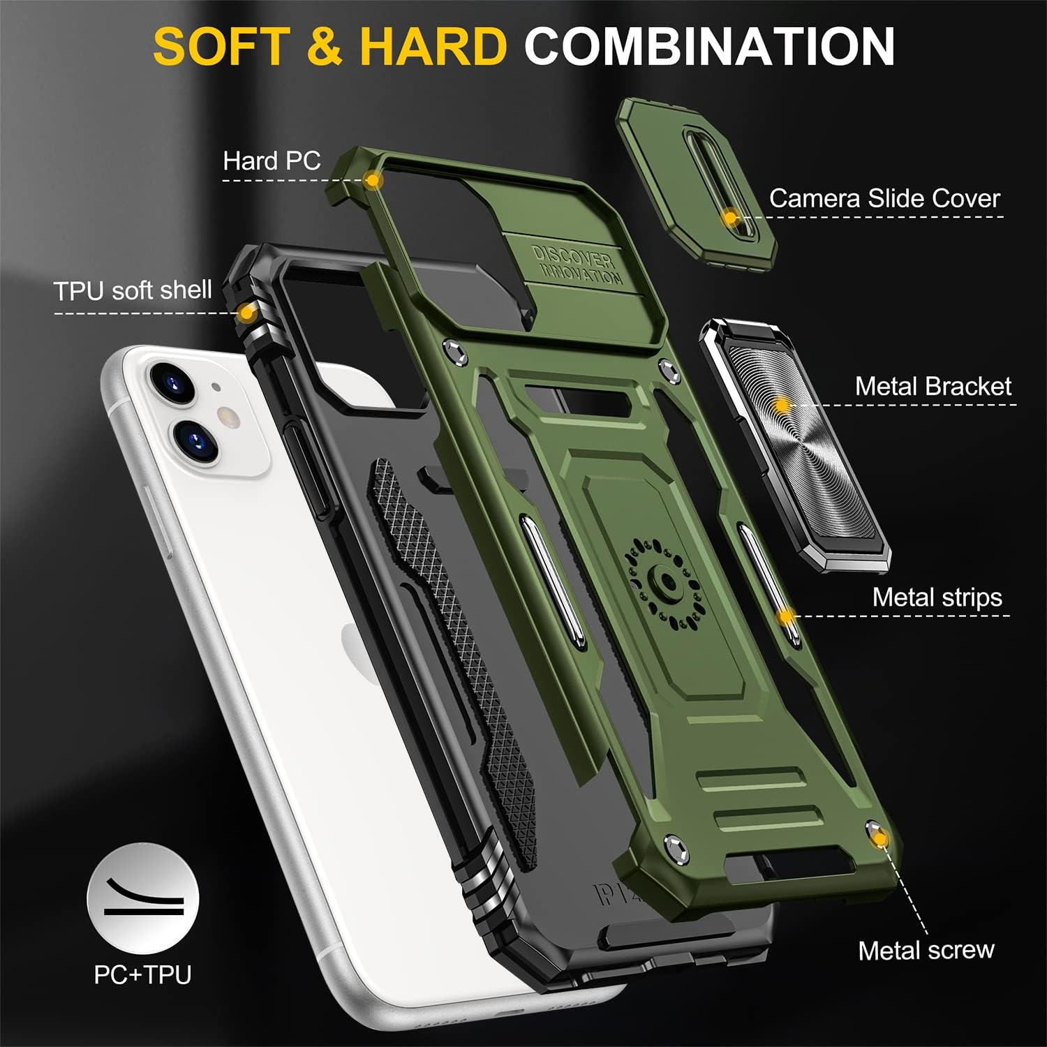PASNEW Funda para iPhone 11 con protección de lente, rotación de 360, anillo manético, cubierta de cámara militar, cuerpo completo, a prueba de