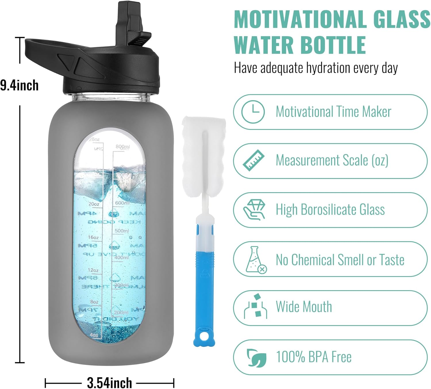 CIVAGO Botella de agua de vidrio de 32 onzas con popote y asa, botella de agua motivacional deportiva grande con marcador de tiempo y 2 tapas, jarra
