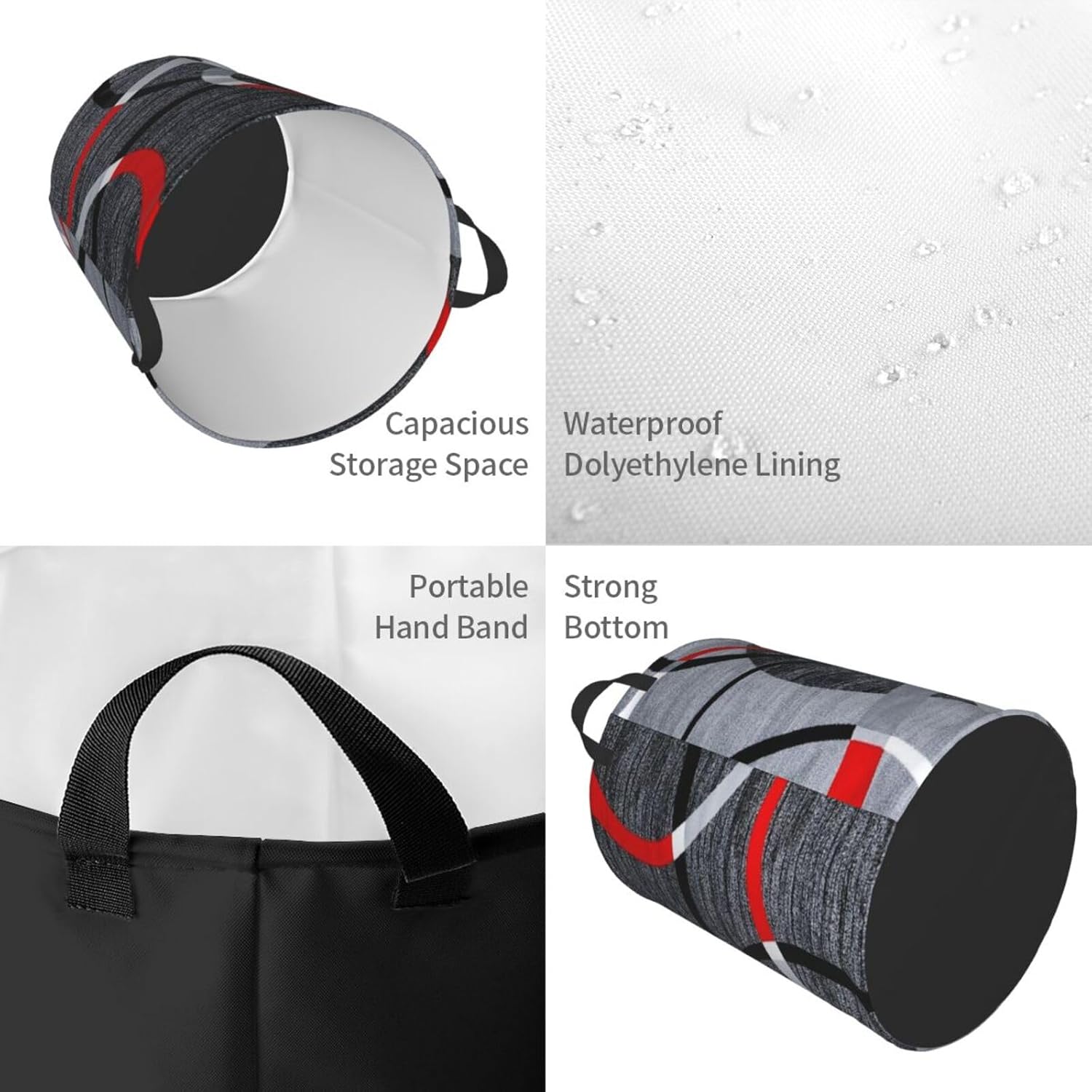 Cesta de ropa sucia con patrón geométrico de remolino, color gris, negro, rojo, blanco, cesta de almacenamiento plegable, impermeable, para