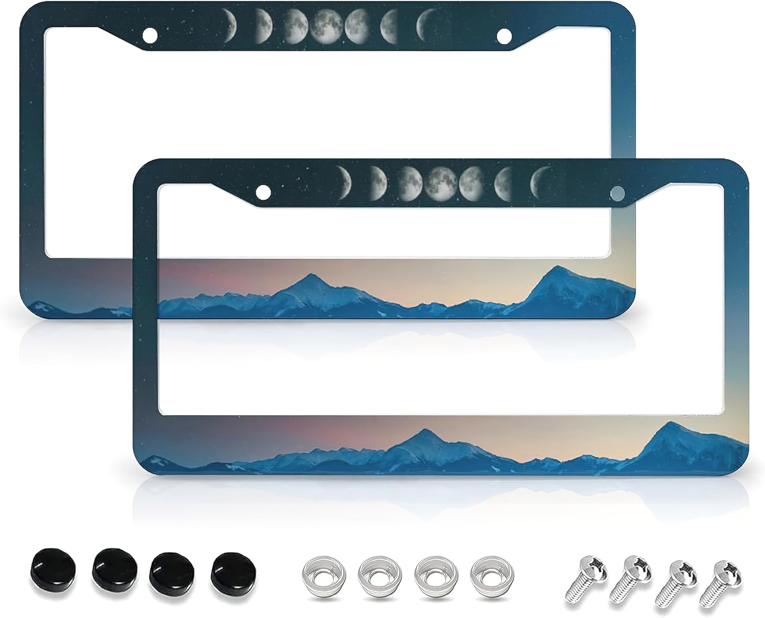 Marco de matrícula Moon Phase Mountain, paquete de 2 unidades, accesorios de automóvil, cubierta de placa de matrícula de aluminio, marco de