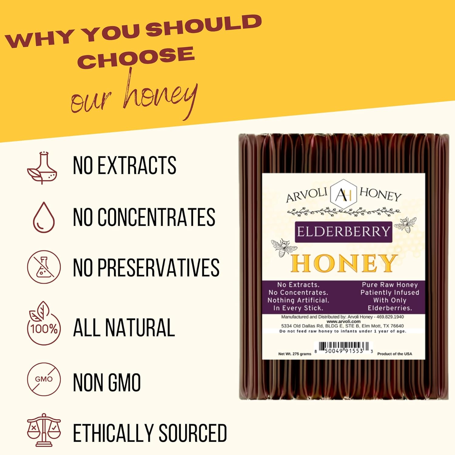 Arvoli Honey – Pajitas de miel cruda con infusión de saúco, paquete de 50 unidades, 50 palitos de miel infusión de sabor natural, no artificial, sin