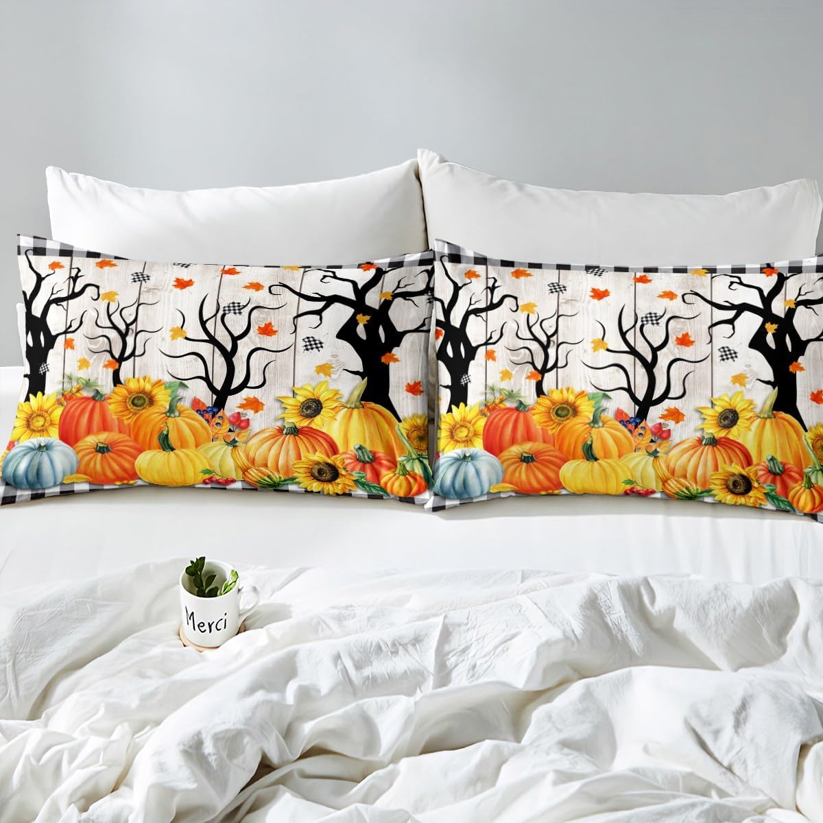 Juego de funda de edredón para niños de cosecha de calabaza de otoño, tamaño King, girasoles y hojas de arce, decoración de habitacióncabaña, funda