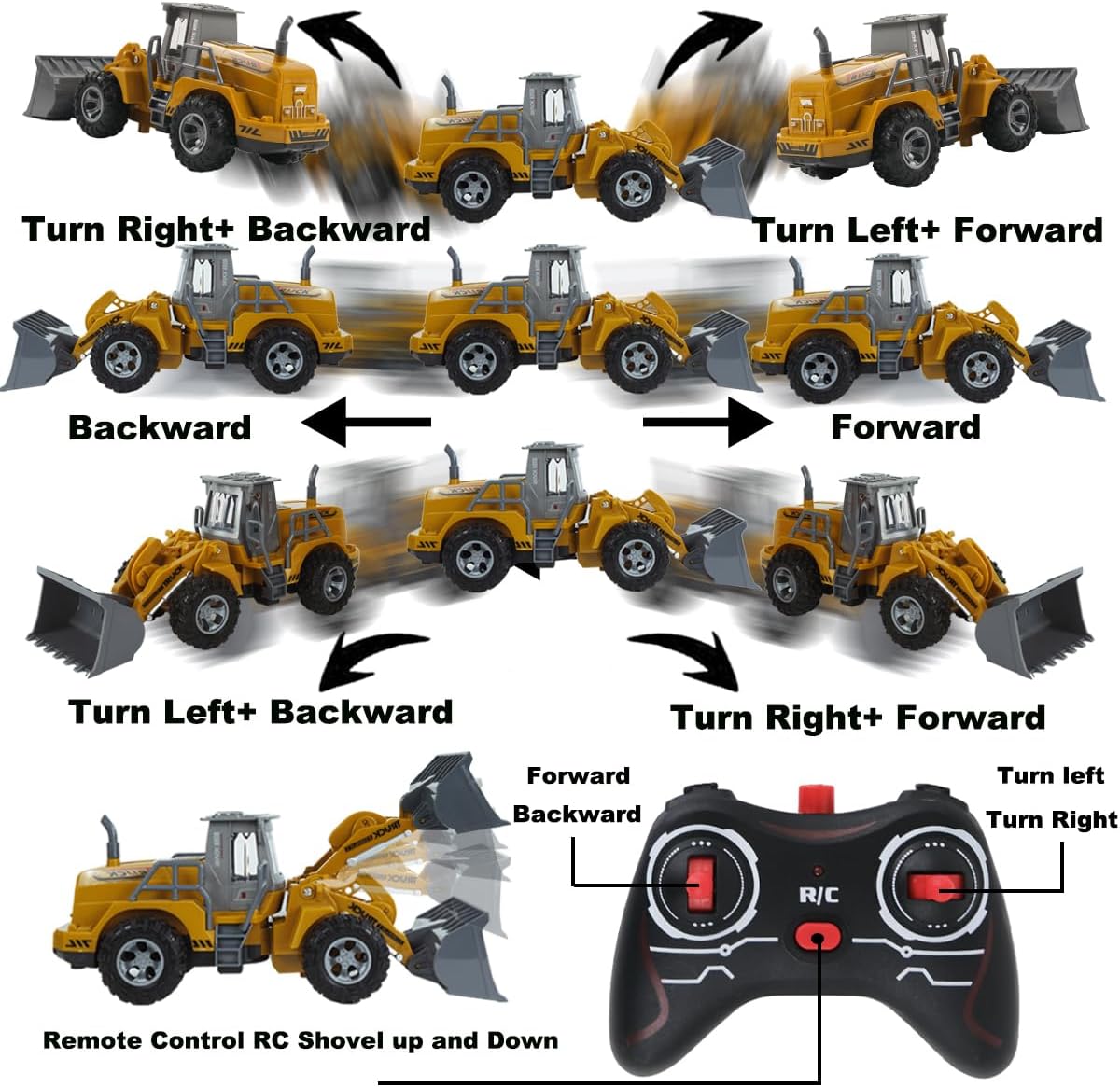 CALEST Bulldozer Rc funcional de 5 canales, vehículos de construcción de control remoto con luces, niveladora de control remoto para niños de 4 a 7