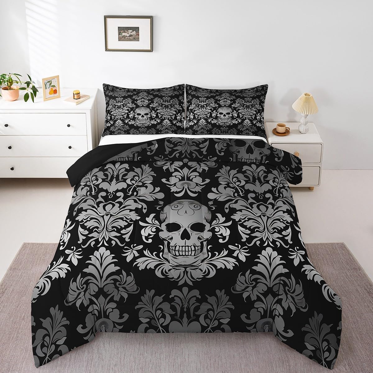 Juego de ropa de cama de damasco gris para adultos, juego de edredón barroco victoriano antiguo, tamaño Queen, edredón floral gótico vintage,