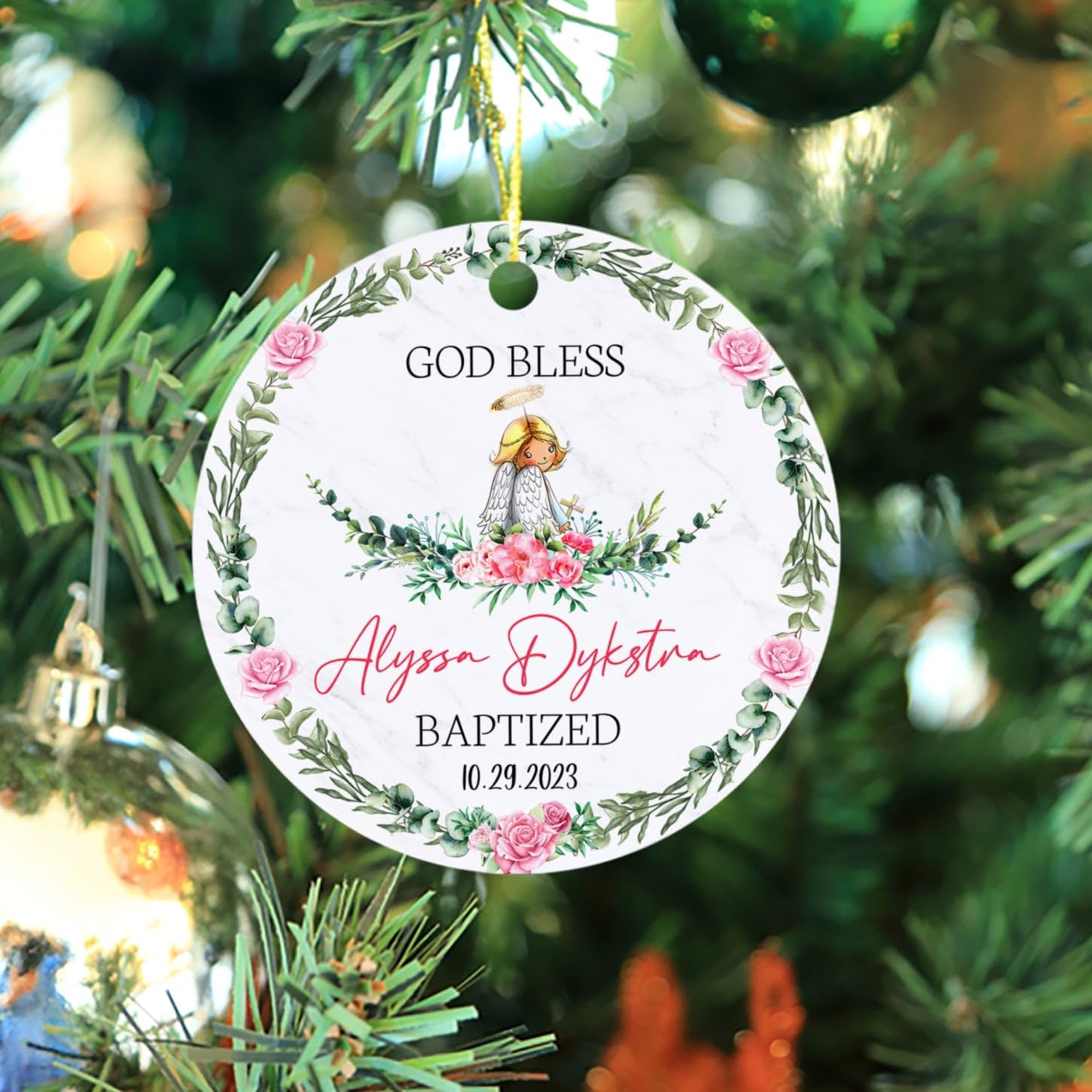 Adorno de Navidad personalizado con texto en inglés “God Bless Bautized” 2023, adornos de bautismo católico, regalos para recién nacido, adorno de