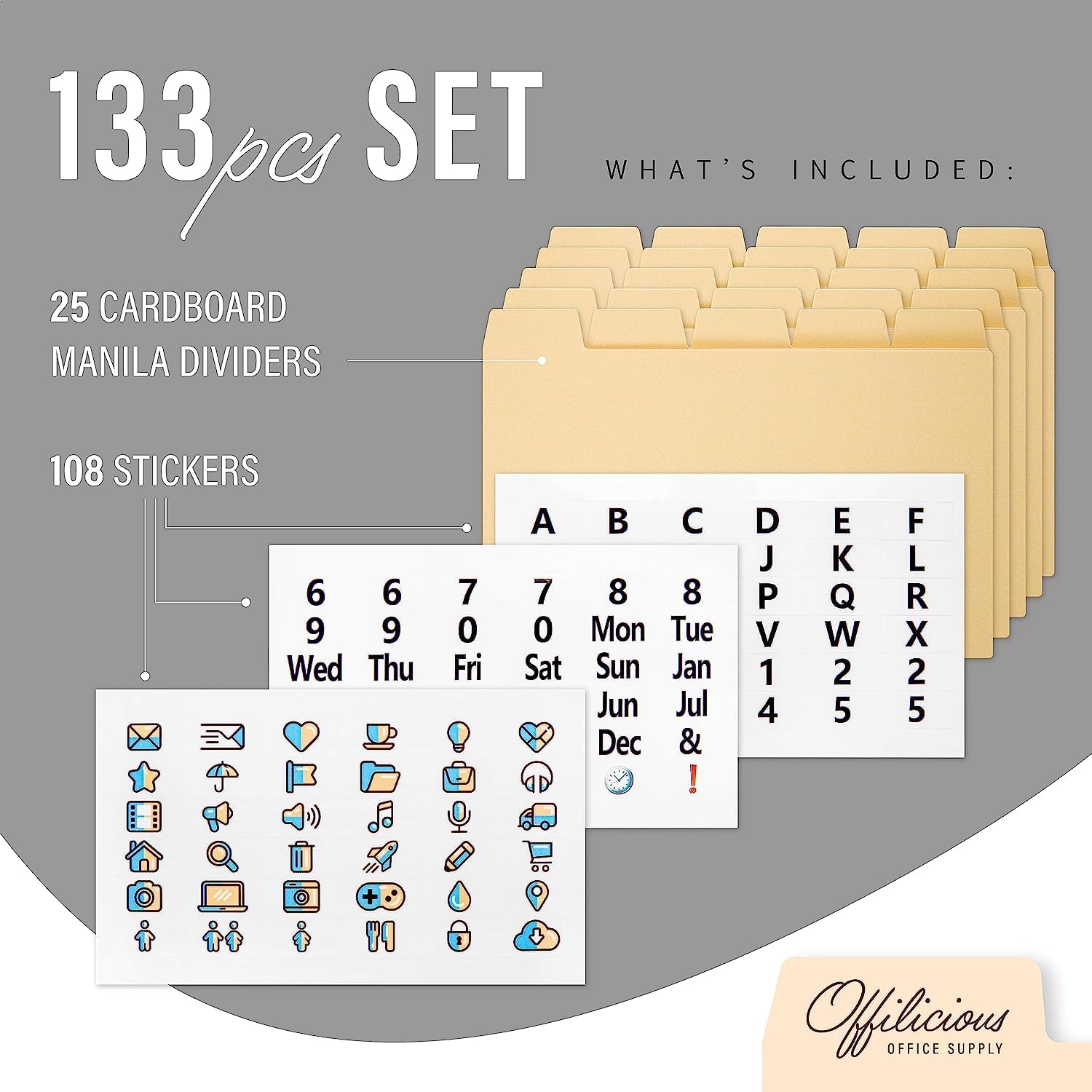 25 divisores de tarjetas de índice Manila de 4 x 6  Divisores organizadores de tarjetas de índice con pestañas y 108 calcomanías para tarjetas de
