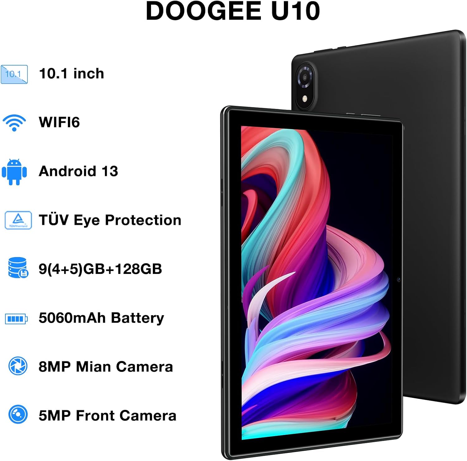 DOOGEE Tableta Android U10, 9 GB de RAM + 128 GB de ROM (TF 1 TB) Android 13 Tablet Quad-Core 2.0 GHz, pantalla de 10.1 pulgadas  5060mAh  TÜV Low
