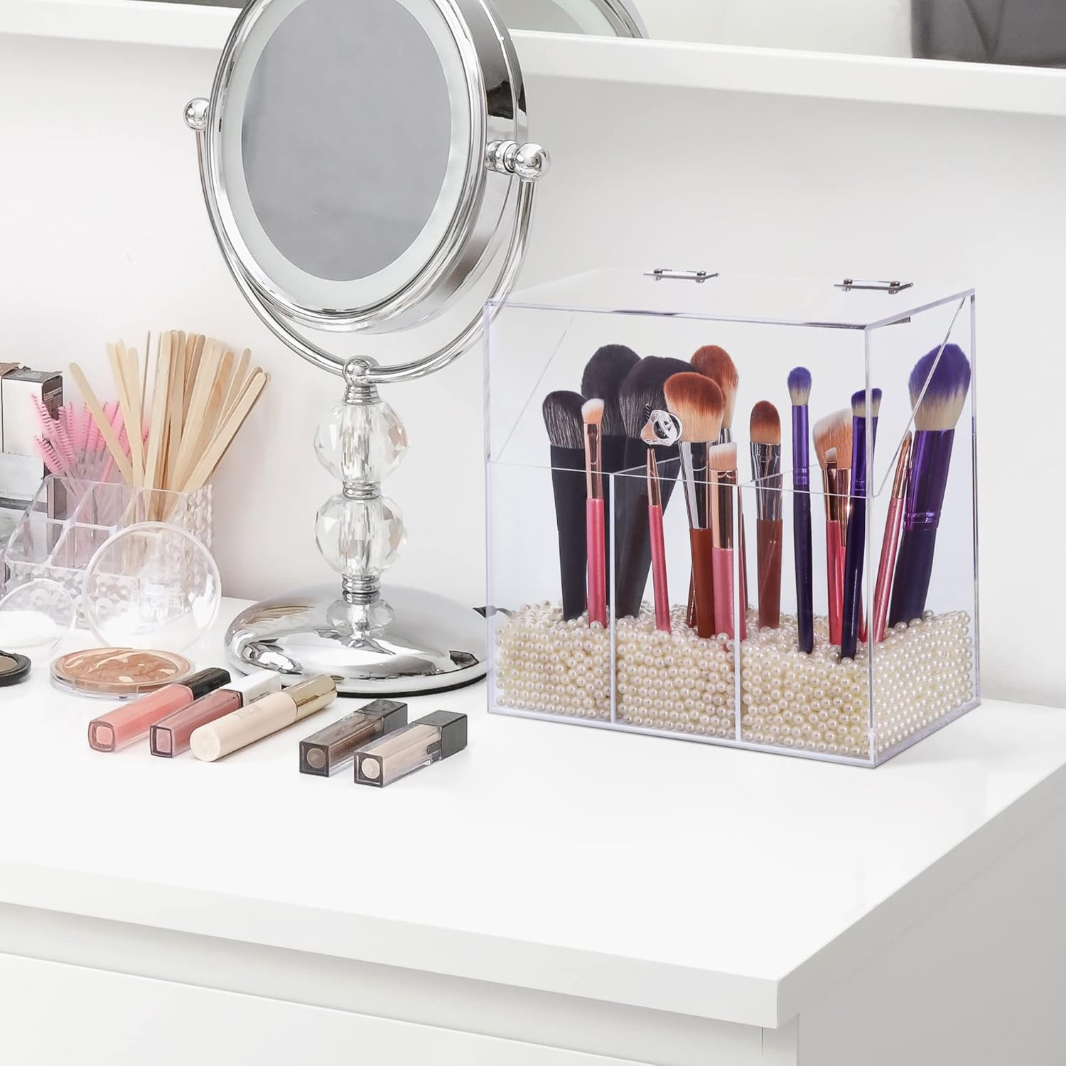 Soporte acrílico para brochas de maquillaje con tapa, organizador de brochas de maquillaje cosmético transparente y caja de almacenamiento con