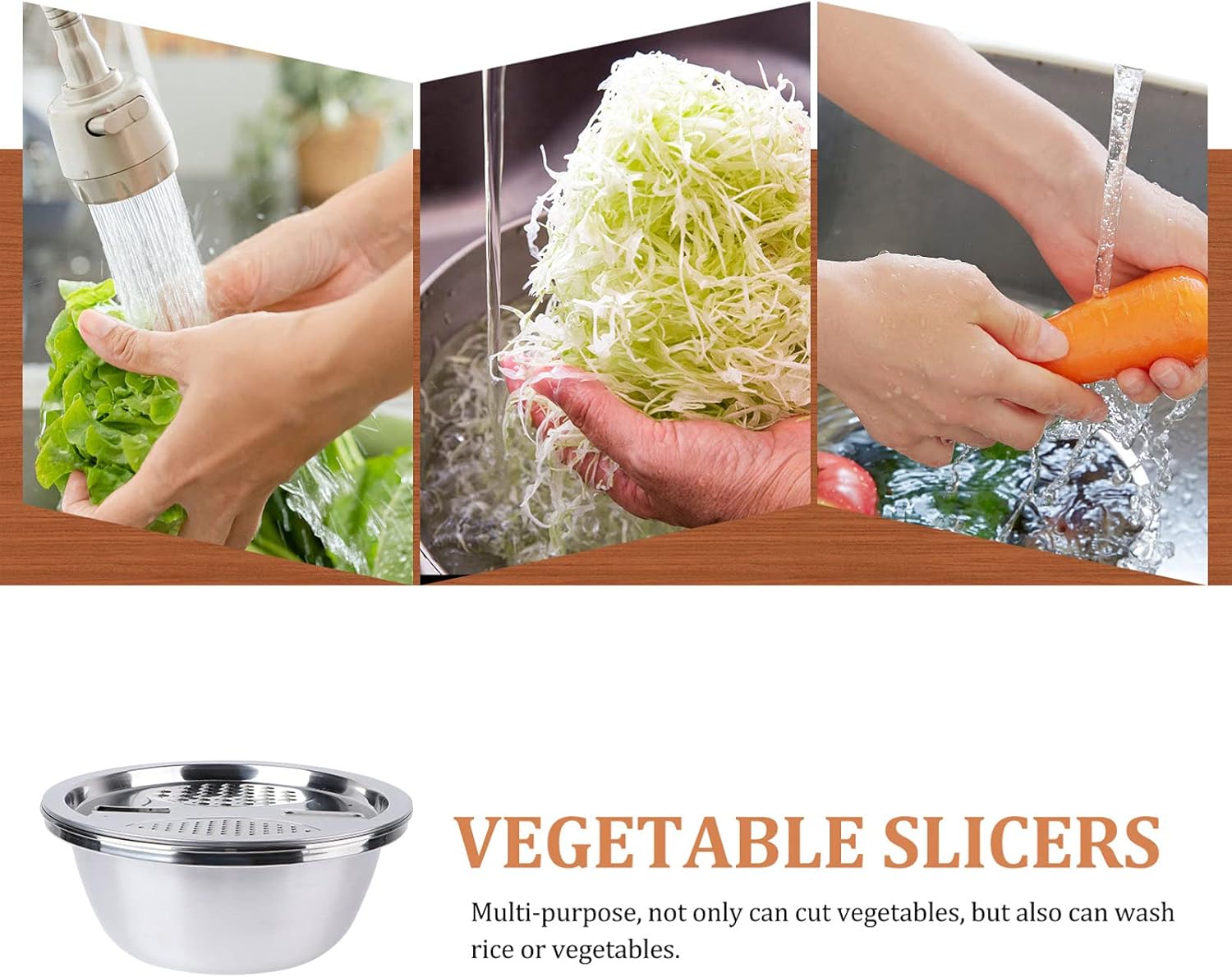 Cuenco de lavado de granos 3 en 1 de acero inoxidable, cesta de drenaje de frutas y verduras, cortador de verduras, cesta de filtro de agua, cuenco