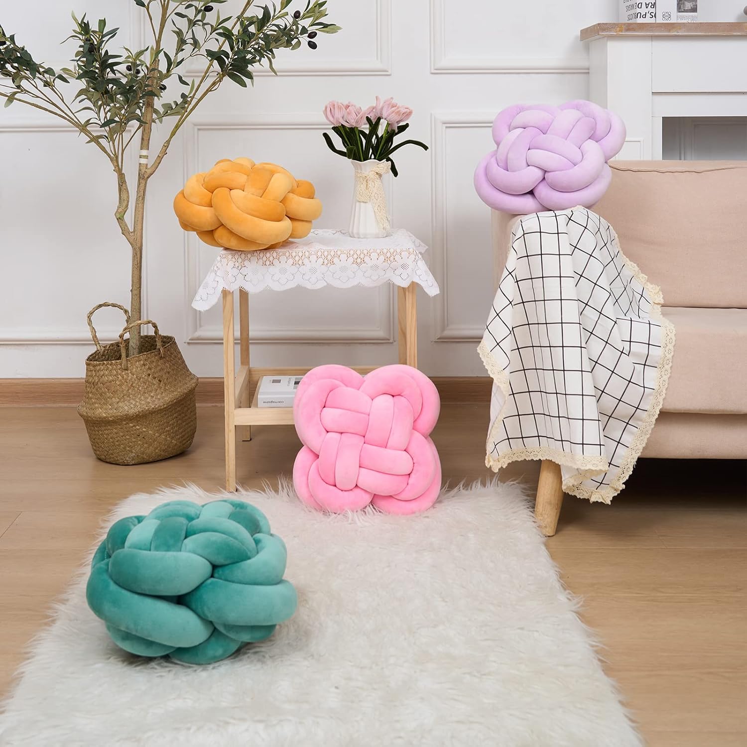 Bola de almohada de nudo suave, almohadas estéticas de nudo, almohadas decorativas, almohada redonda hecha a mano para decoración del hogar (12.5