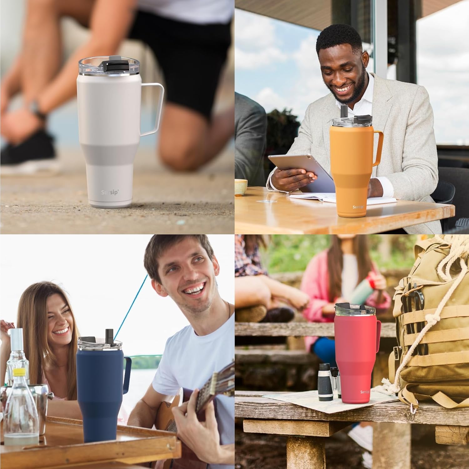 Sursip Vaso aislado de 40 onzas con mango de acero inoxidable y tapa con popote 2 en 1, taza de viaje de acero inoxidable de doble pared a prueba de