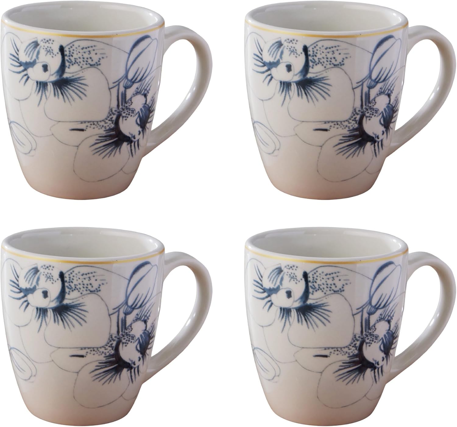 Juego de 4 tazas Corona  Perfecto para los amantes del café y el té  Cattleya 12.8 oz – 380cc  4 piezas  Cerámica  Diseño floral  Cerámica