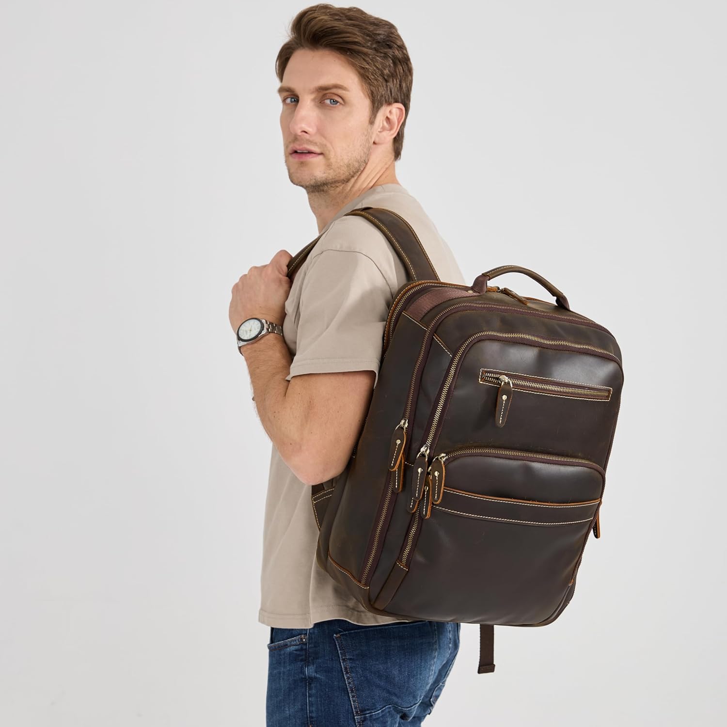 Mochila de cuero de grano completo de 16 pulgadas para computadora portátil para hombres, gran capacidad, negocios, senderismo, viajes, mochila