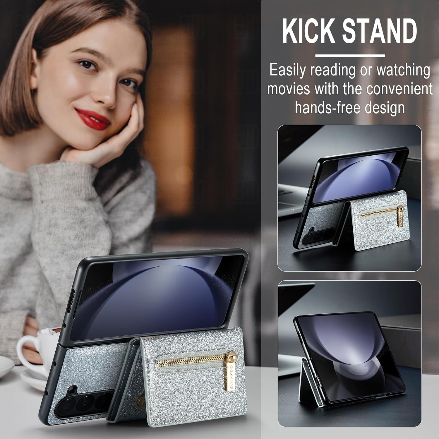 Asuwish Funda de teléfono para Samsung Galaxy Z Fold 5 5G Funda tipo cartera y ranura para tarjeta de crédito, soporte con purpurina de cuero