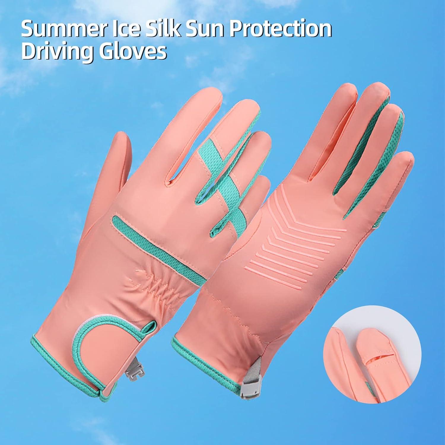 1 par de guantes de conducción de seda de hielo de verano con cinta de cierre ajustable, guantes de protección solar para mujer, con punta de dedos