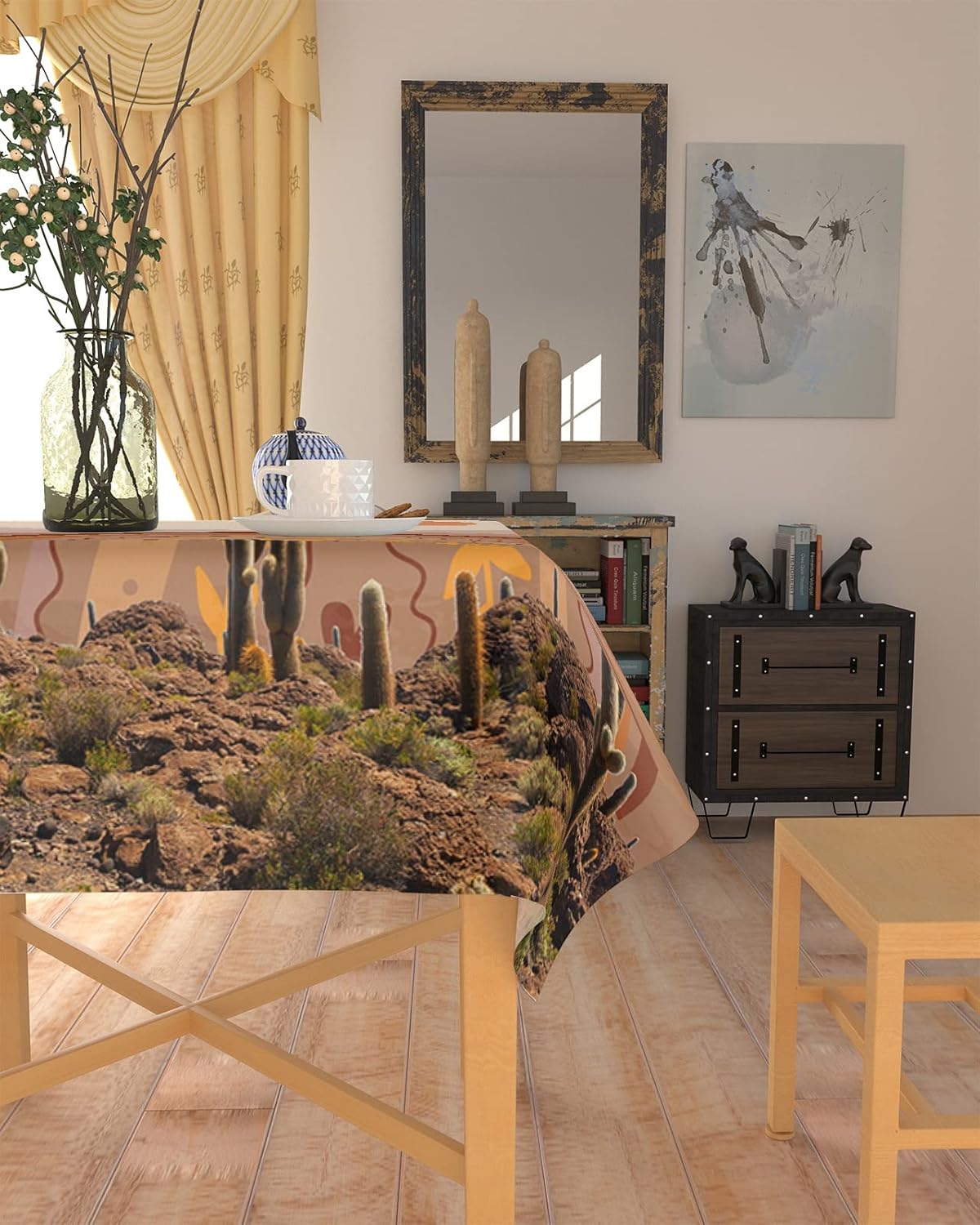 Mantel rectangular de 60 x 84 pulgadas con diseño de cactus de sol, desierto, acuarela, montaña, arcoíris, impermeable, aceite, poliéster,
