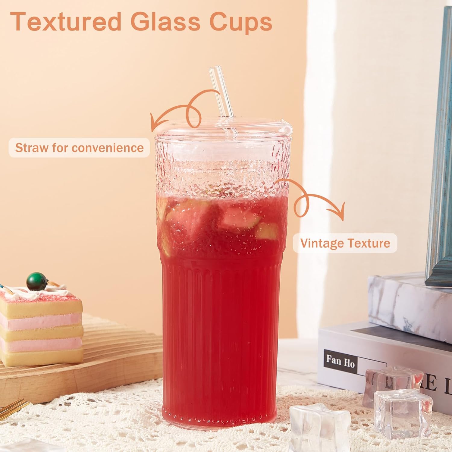 GOSCHE Vasos de vidrio con pajitas y tapas, 2 unidades, tarro de bebida de 20 onzas, tazas de café helado, tazas de vidrio ondulado vintage para