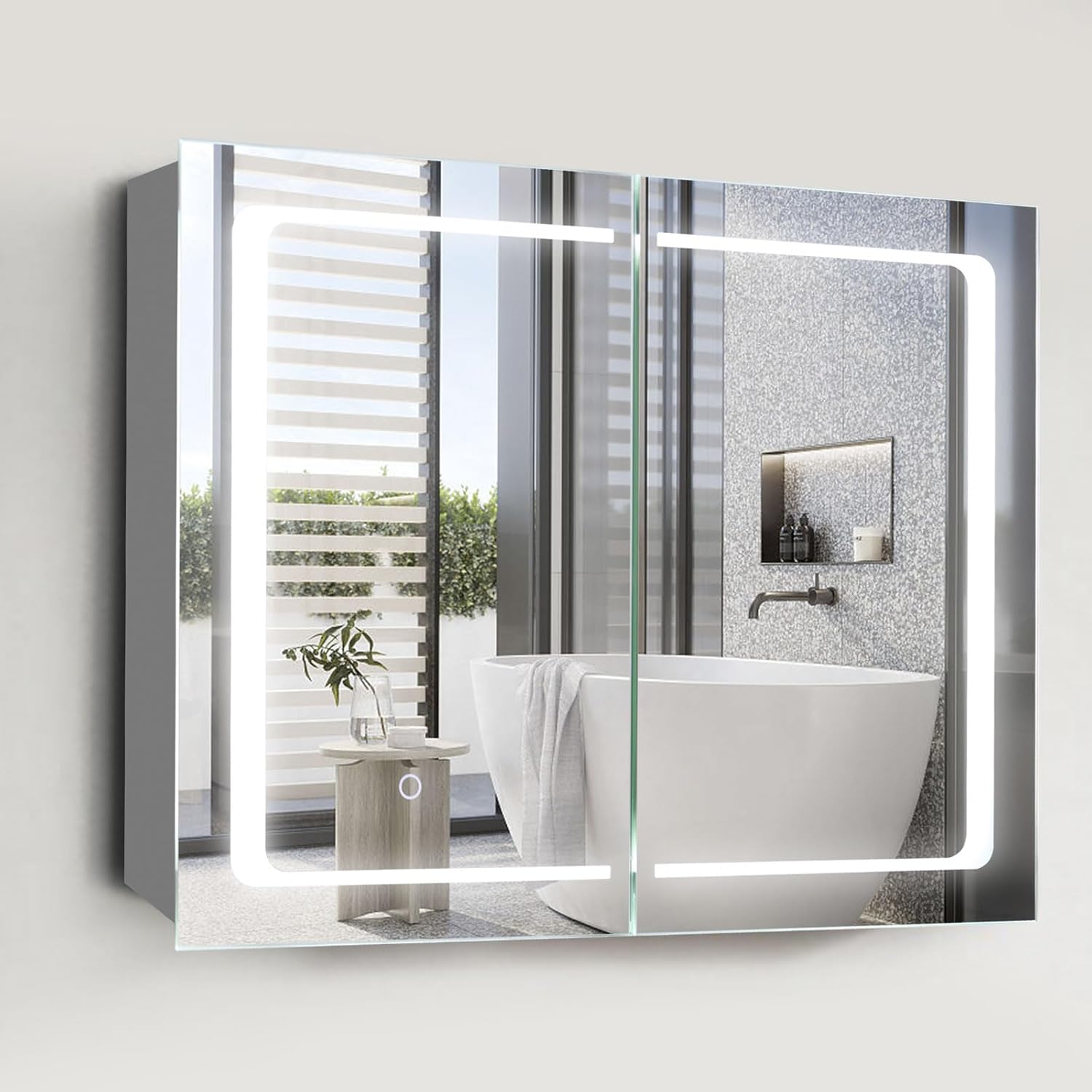 Movo Botiquín iluminado con espejo para baño, 24 x 32 pulgadas de montaje en superficie con espejo y luz LED, gabinete de baño con puertas dobles