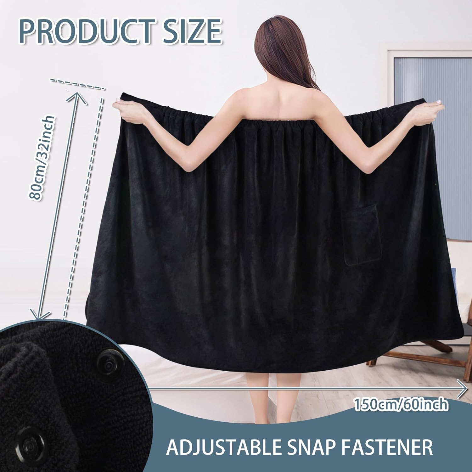 SINLAND Toallas de baño de microfibra ligeras hasta la rodilla para mujer, con cierre ajustable, 32 x 60 pulgadas, color negro