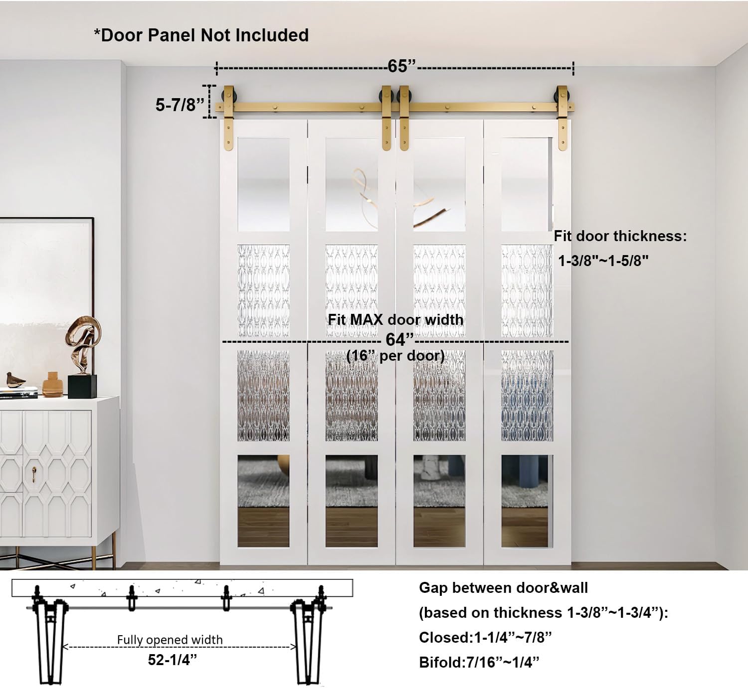 DIYHD Kit de montaje frontal para puerta corrediza de granero de 65 pulgadas, kit de montaje frontal para 4 puertas, ancho de puerta de 16 pulgadas,
