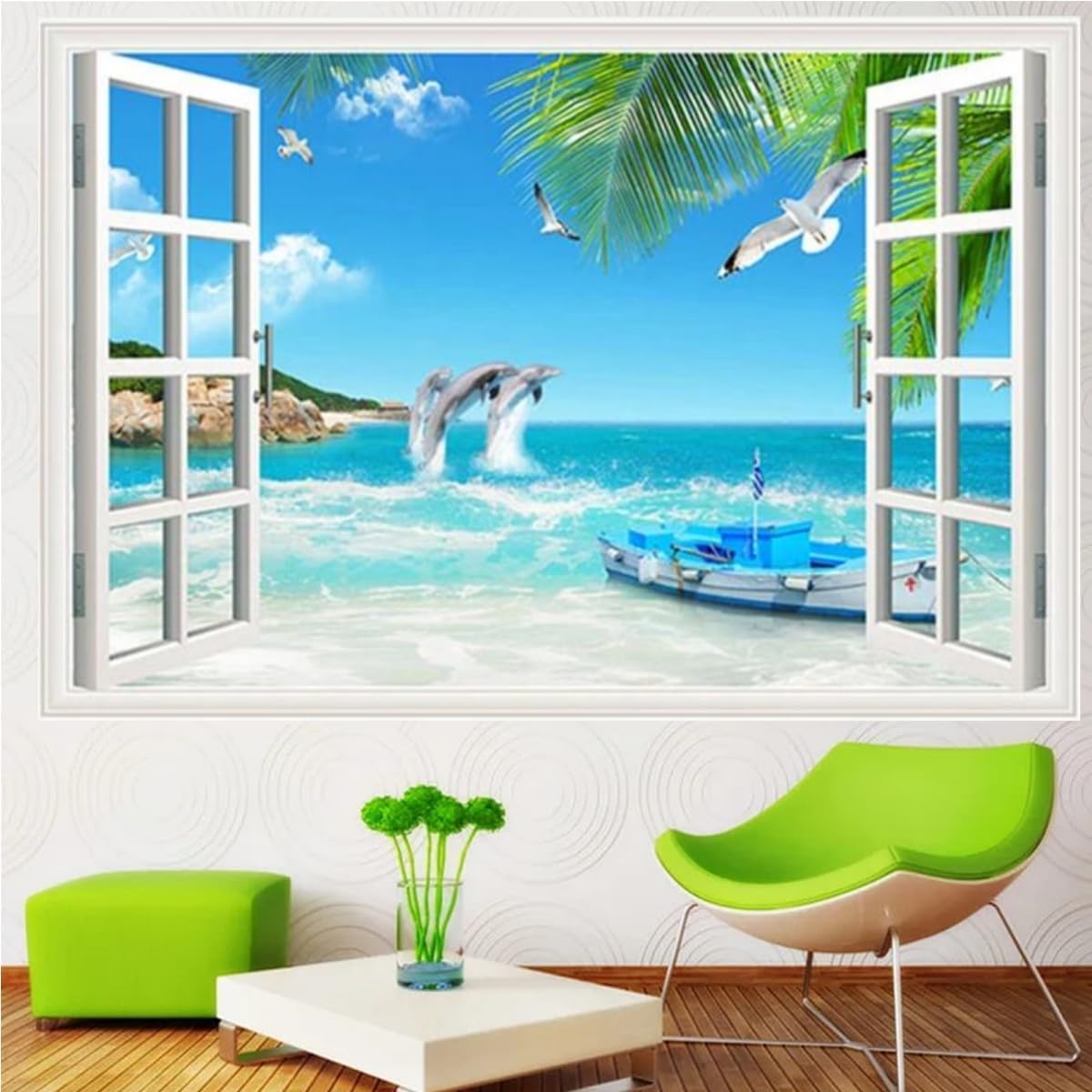 HOTIYOK Calcomanías de pared falsas de océano, diseño de delfines y animales marinos, hojas verdes, gaviotas, mural de pared para ventana, póster