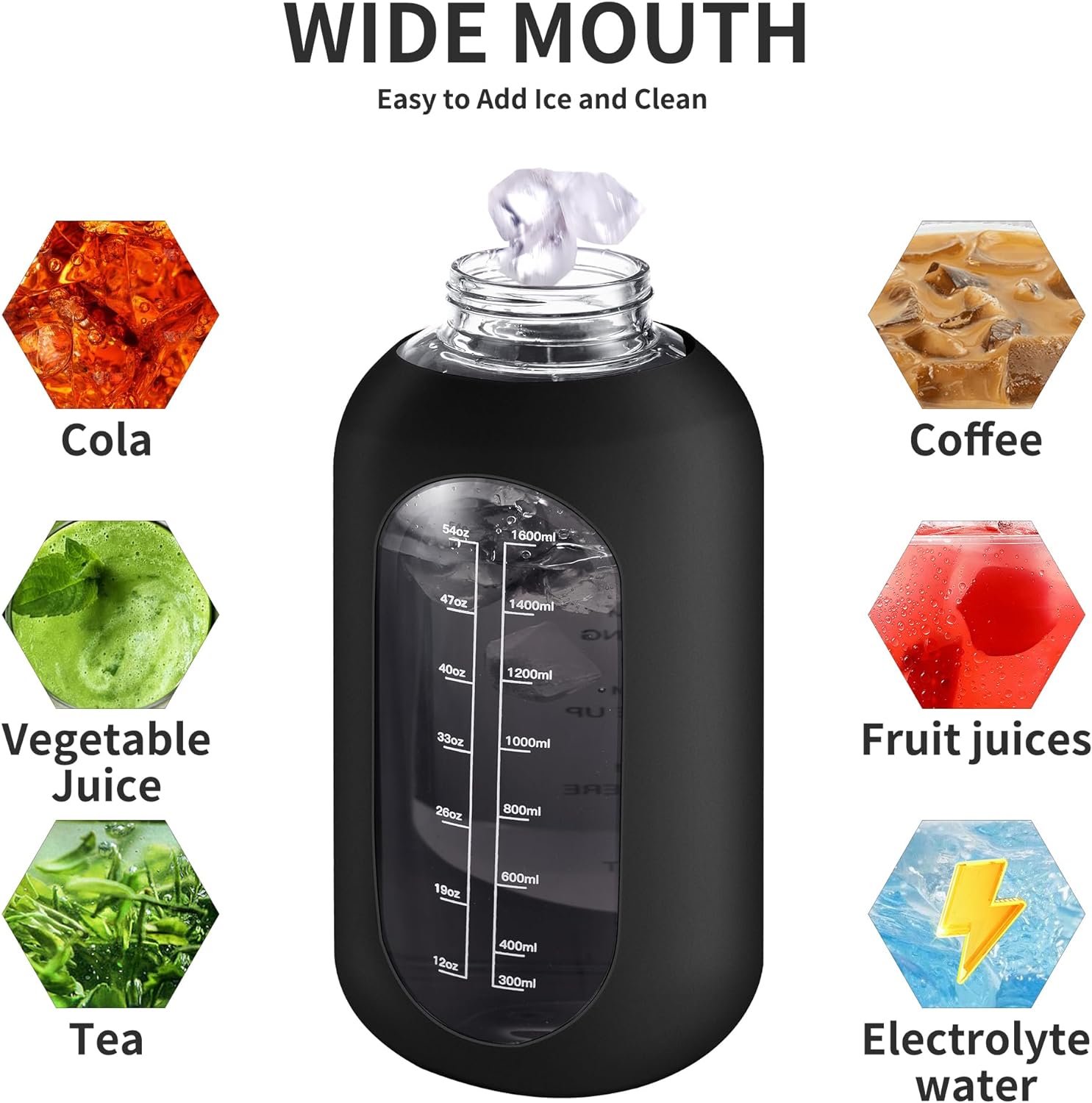 CIVAGO Botella de agua de vidrio de 64 onzas con popote y asa, botella de agua motivacional deportiva de medio galón con marcador de tiempo, botella