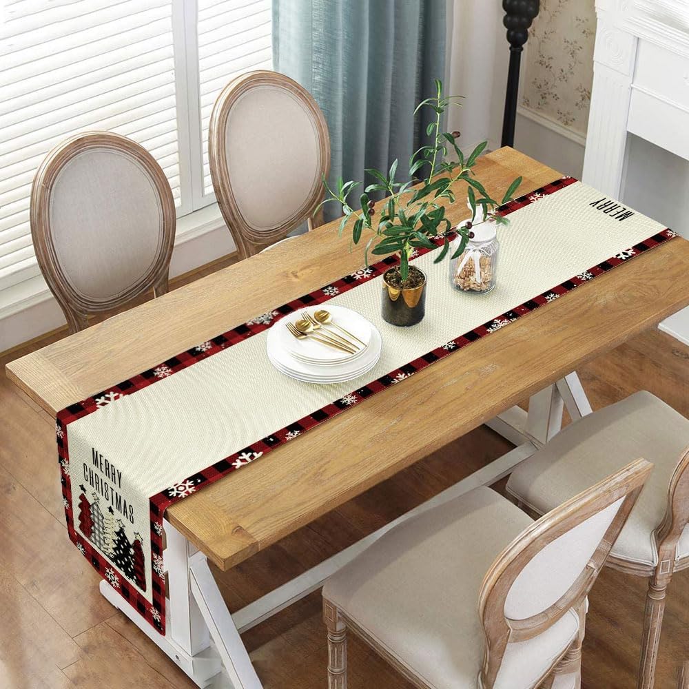 Camino de mesa de Navidad con copos de nieve de búfalo rojo y negro, decoración de mesa de comedor para interiores y exteriores, decoración de