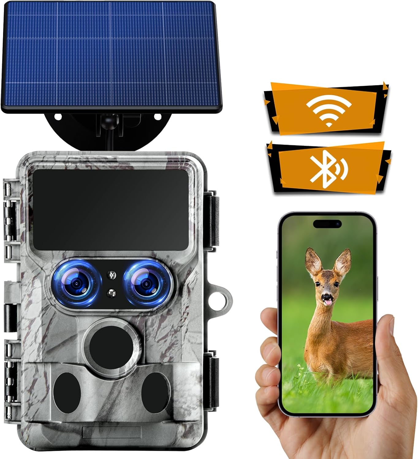 VOOPEAK Cámara solar de rastro, visión nocturna Starlight de doble lente nativa 4K 60MP 30FPS WiFi Bluetooth cámaras de caza con un panel solar de