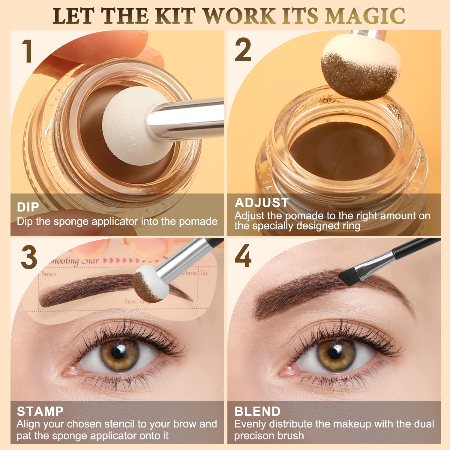 LAVONE Kit de plantillas de sellos para cejas, kit de trío de sellos de cejas con lápiz de cejas impermeable, pomada de cejas, 20 plantillas de