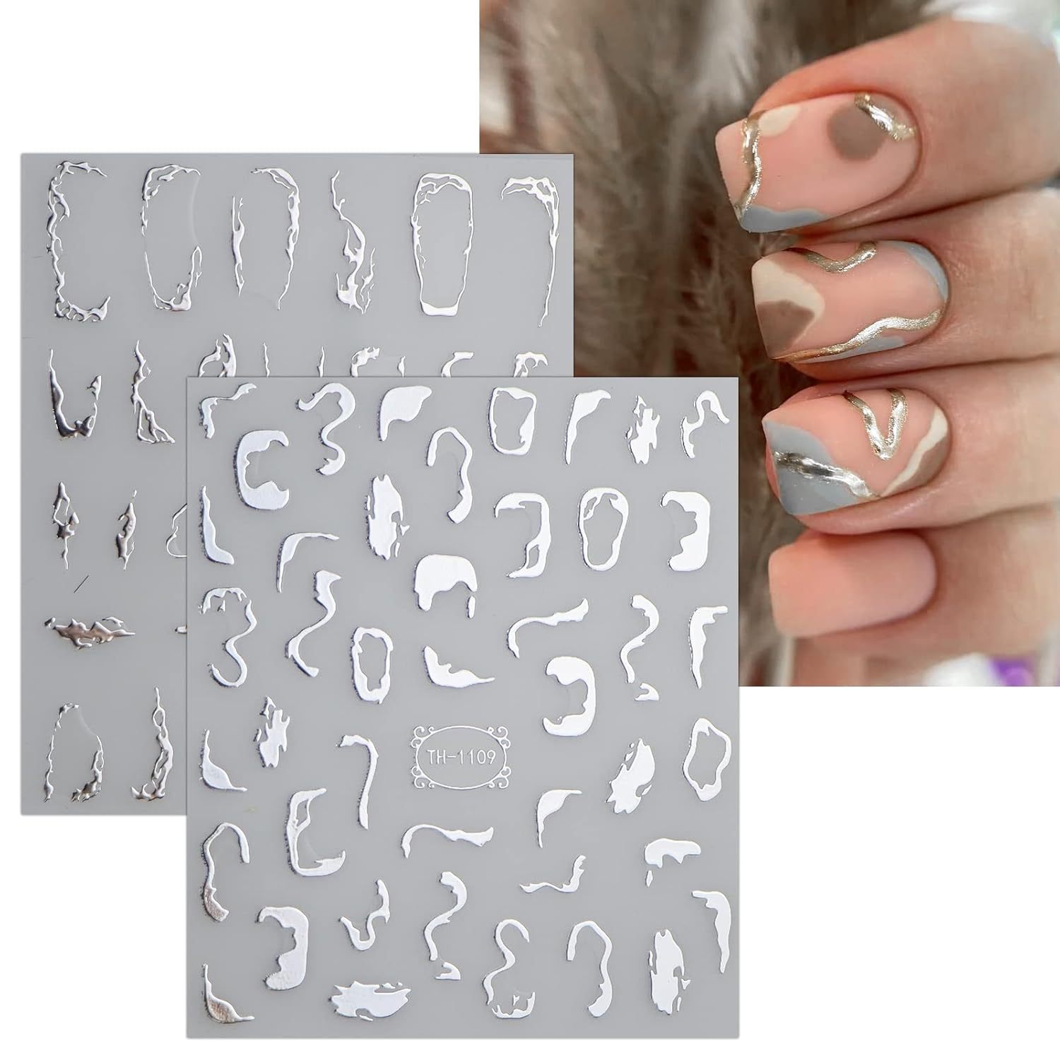 JMEOWIO 9 hojas de calcomanías de arte de uñas de línea de mármol, calcomanías autoadhesivas para uñas, suministros de uñas plateadas, accesorios de