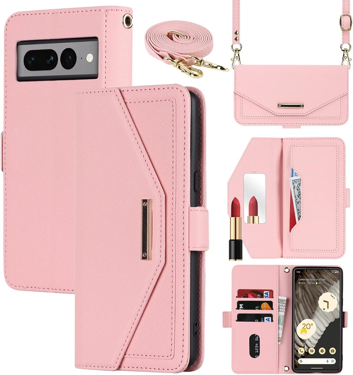 Jaorty Funda tipo cartera cruzada para Google Pixel 7 Pro con correa de cordón ajustable, soporte para tarjetas de crédito de 6.7 pulgadas, bolso de