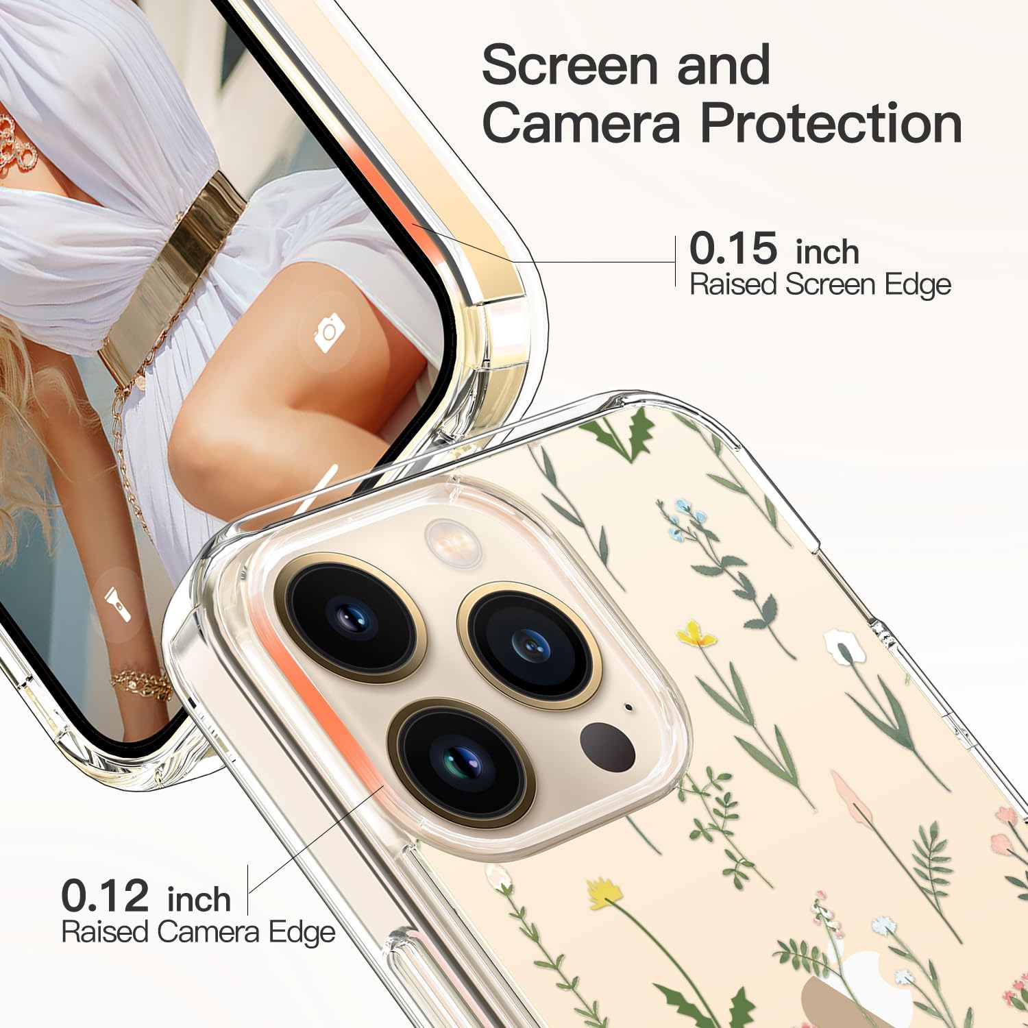 ICEDIO Funda para iPhone 15 Pro con protector de pantalla, transparente y con patrones modernos de moda, diseñada para niñas y mujeres, funda