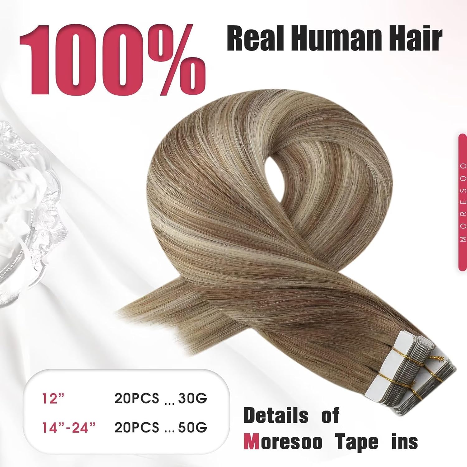 Moresoo Extensiones de cabello humano con cinta adhesiva, balayage, ombré, marrón ceniza a rubio, mezcla con extensiones de cabello rubio claro,