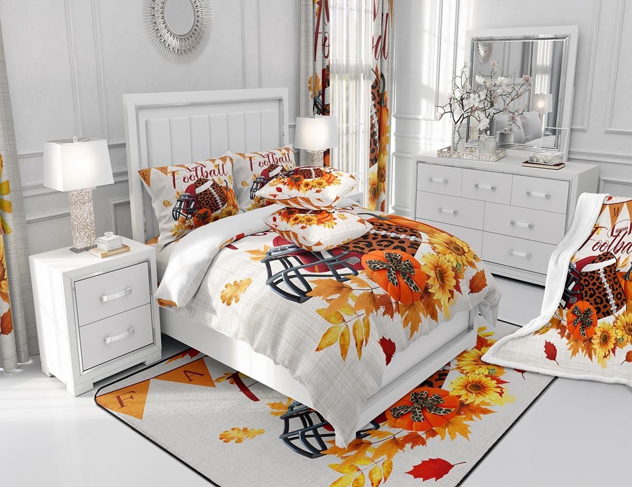 TYTS8656ZMD-BZ_USk – Juego de edredón de fútbol americano, ropa de cama de otoño con girasoles y calabaza, tamaño King, juegos deportivos de dibujos