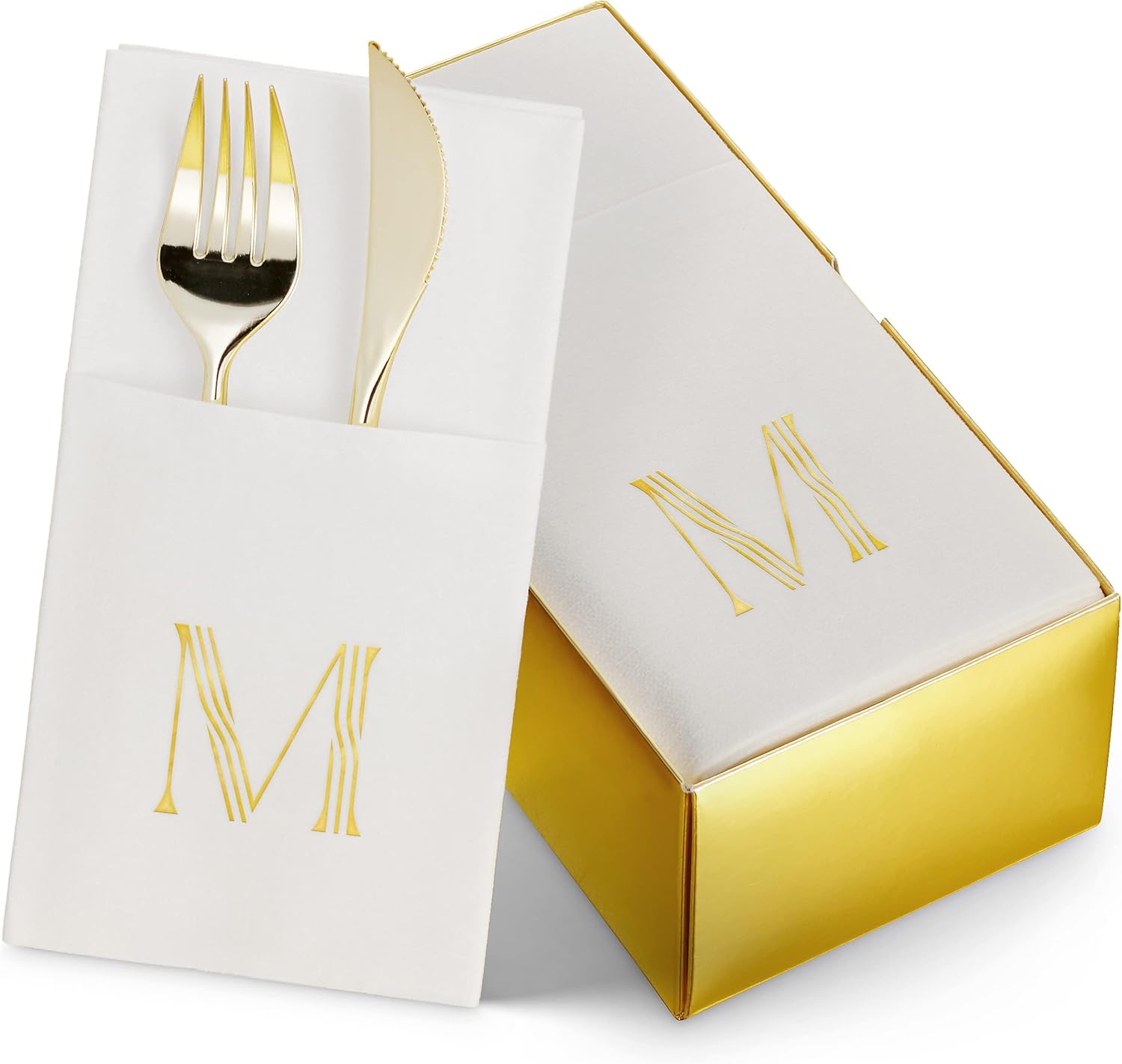 Servilletas con monograma con bolsillo para cubiertos, paquete de 50 servilletas desechables de 16 x 16 pulgadas, papel de aluminio dorado con letra