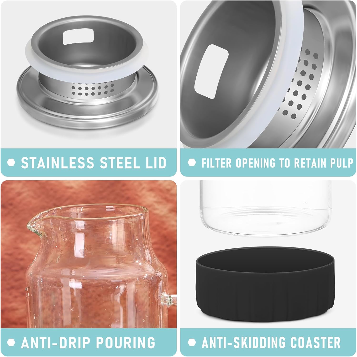 Jarra de vidrio con tapa, jarra de agua de vidrio calientefría con asa, jarra de vidrio para refrigerador, té helado, café, jugo, bebidas caseras