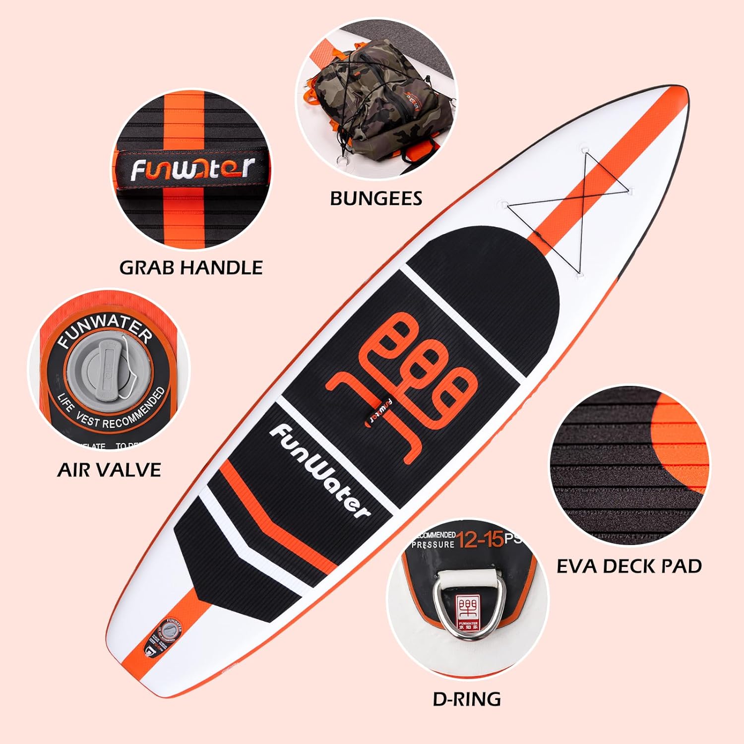 FunWater Stand Up, tabla de Paddle inflable de 11 x 33 x 6 pulgadas, ultra liviana (20.4 libras) con accesorios ISUP, 3 aletas, remo ajustable,