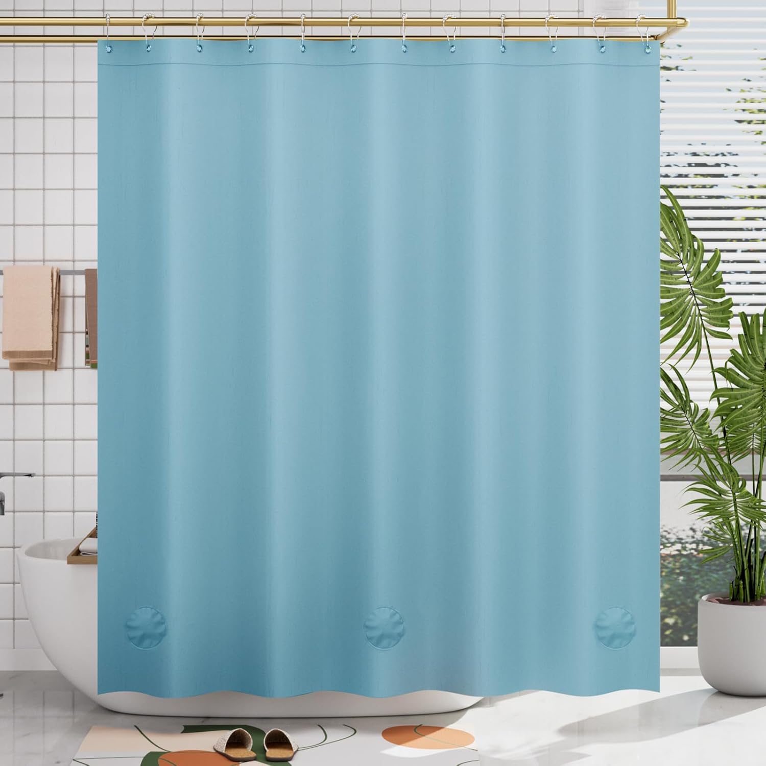 AmazerBath – Cortina de ducha de plástico, 72 x 72 pulgadas, cortina de ducha verde azulado de PEVA, impermeable, pesada, gruesa, con 3 piedras