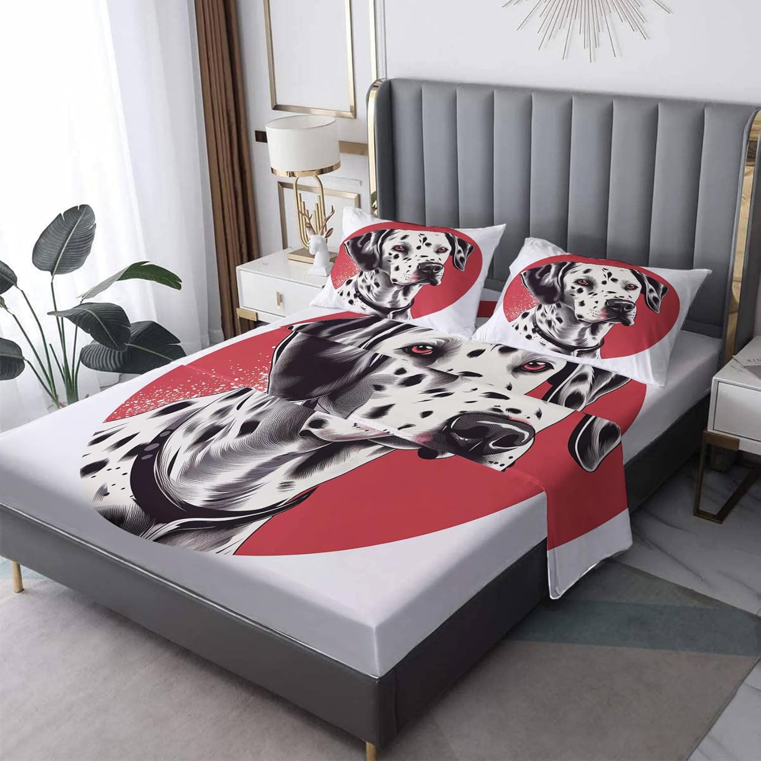 Dalmatian – Juego de sábanas para perro, sábanas y fundas de almohada estampadas de 4 piezas, sábana bajera ajustable de microfibra suave con