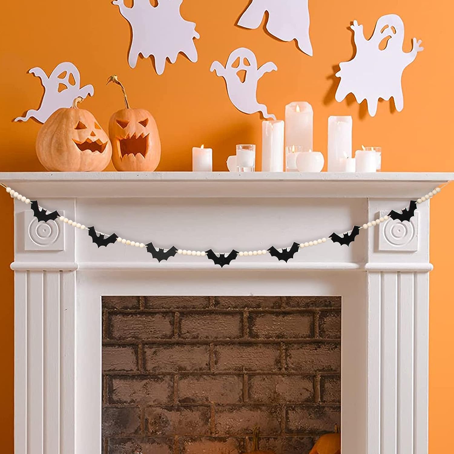 Decoraciones de Halloween para interiores y exteriores, guirnalda de cuentas de murciélagos de fieltro de madera para decoración de Halloween,